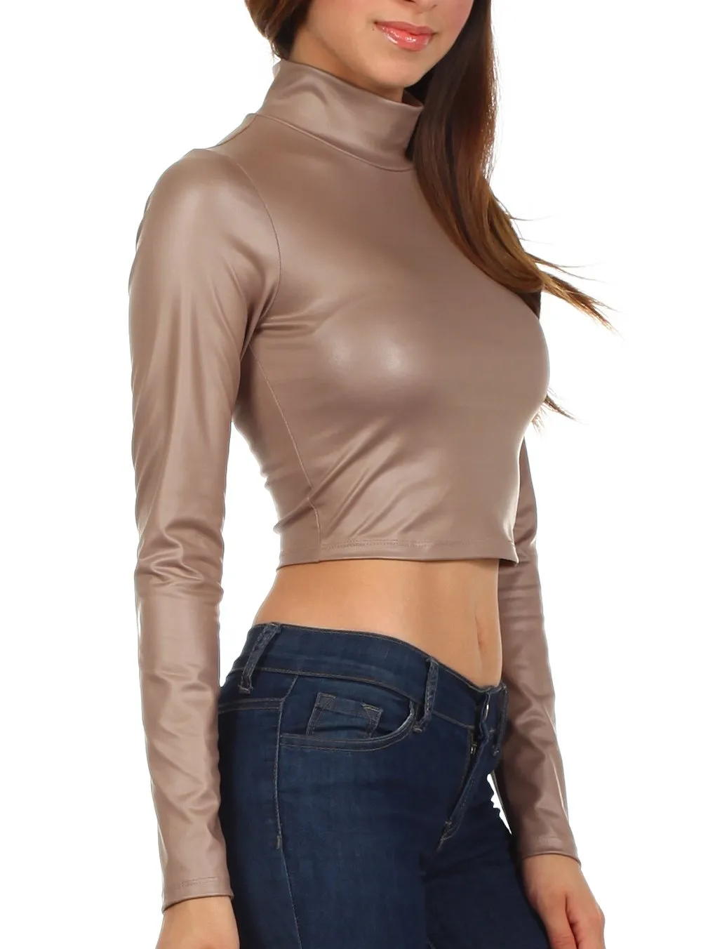 Sakkas Matte Liquid Mock Neck Turtleneck Long Sleeve Crop Top - Made in USA