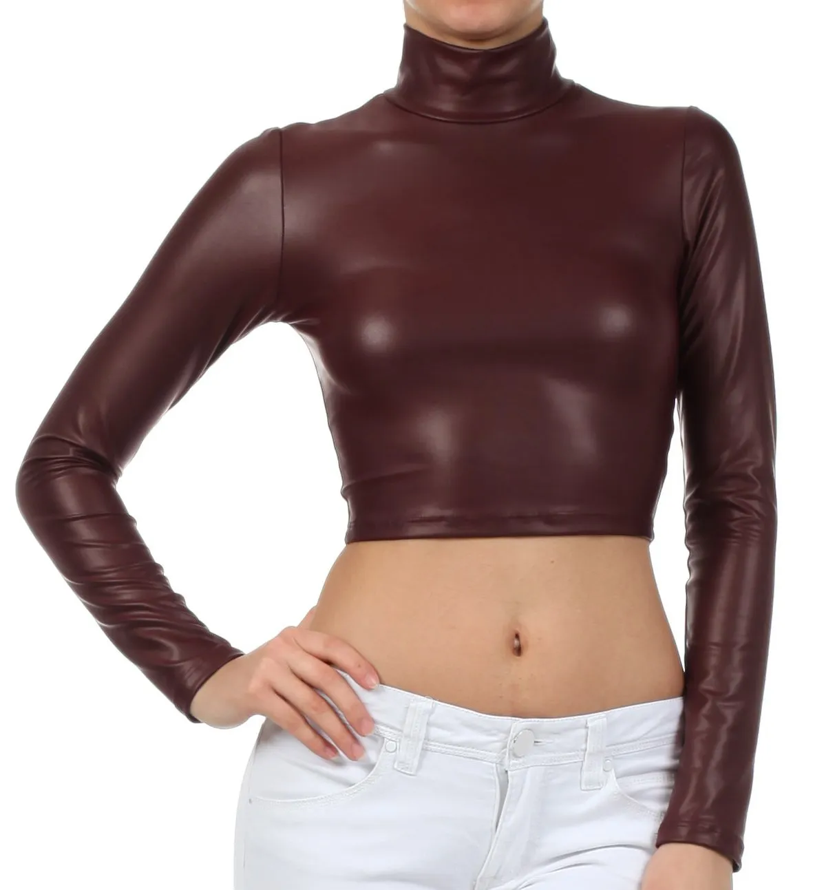 Sakkas Matte Liquid Mock Neck Turtleneck Long Sleeve Crop Top - Made in USA