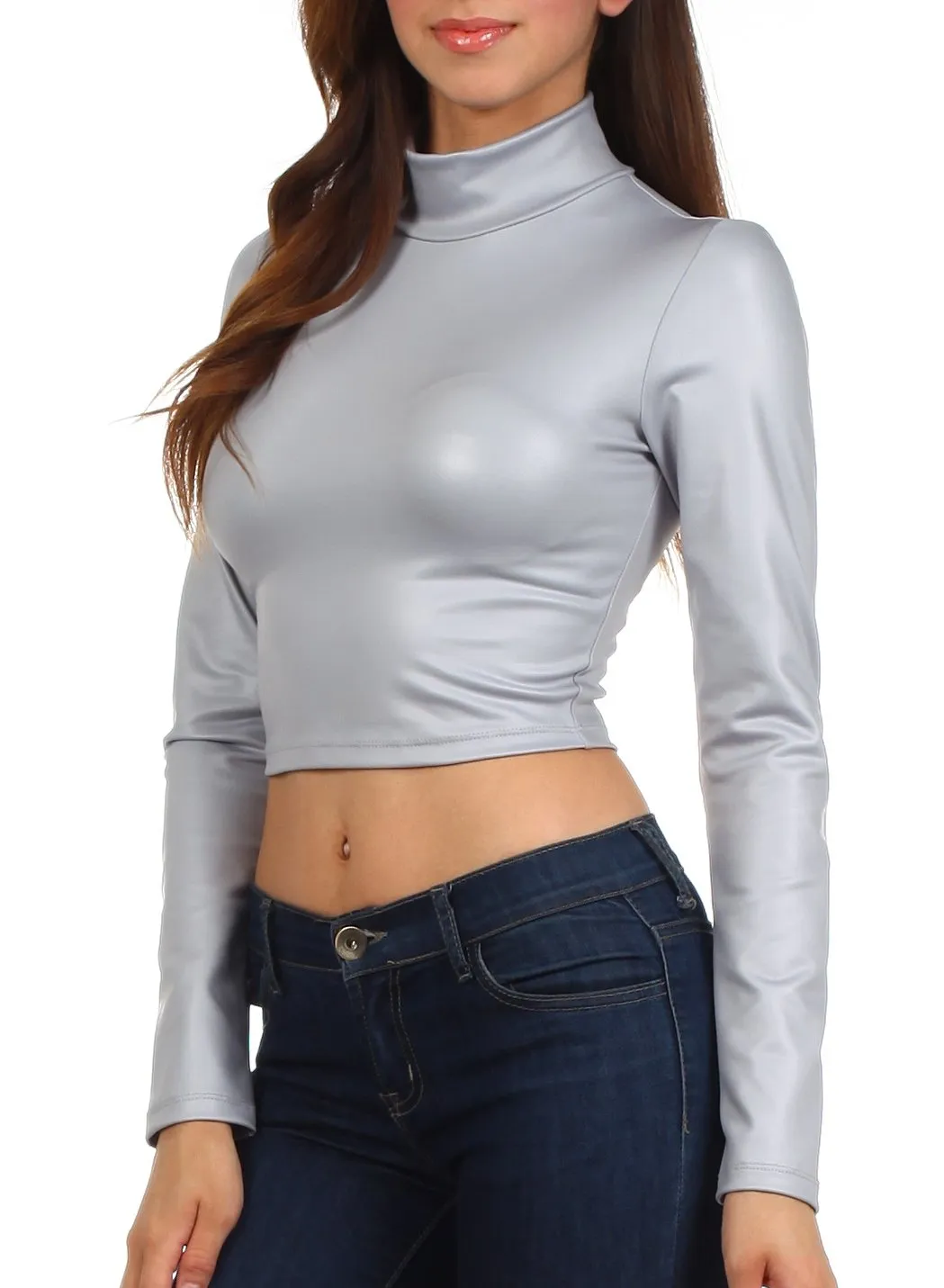 Sakkas Matte Liquid Mock Neck Turtleneck Long Sleeve Crop Top - Made in USA