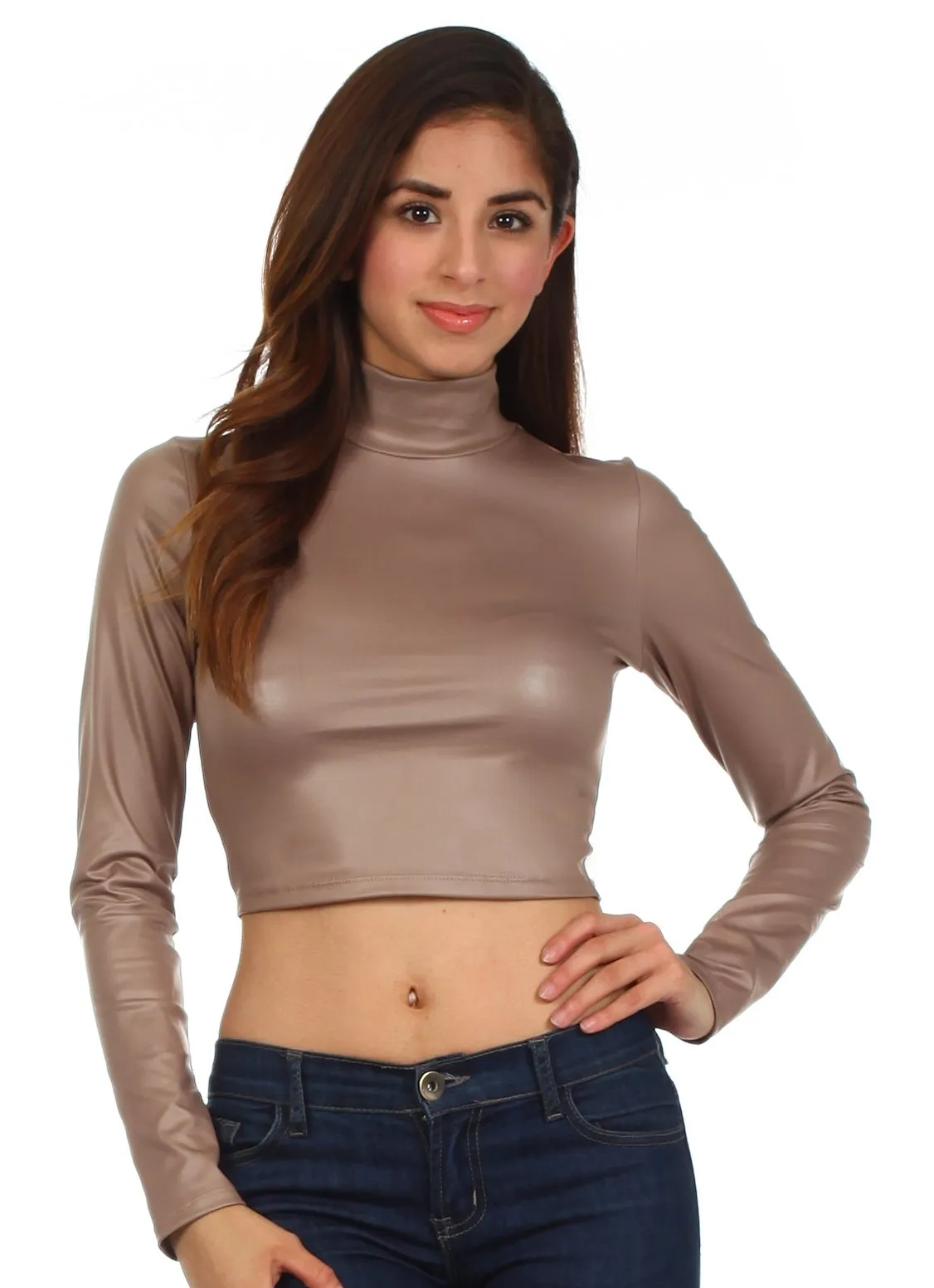 Sakkas Matte Liquid Mock Neck Turtleneck Long Sleeve Crop Top - Made in USA