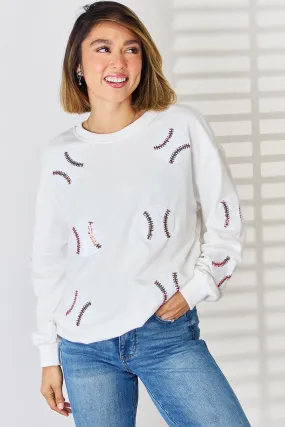 Sequin Baseball Round Neck Dropped Shoulder Sweatshirt