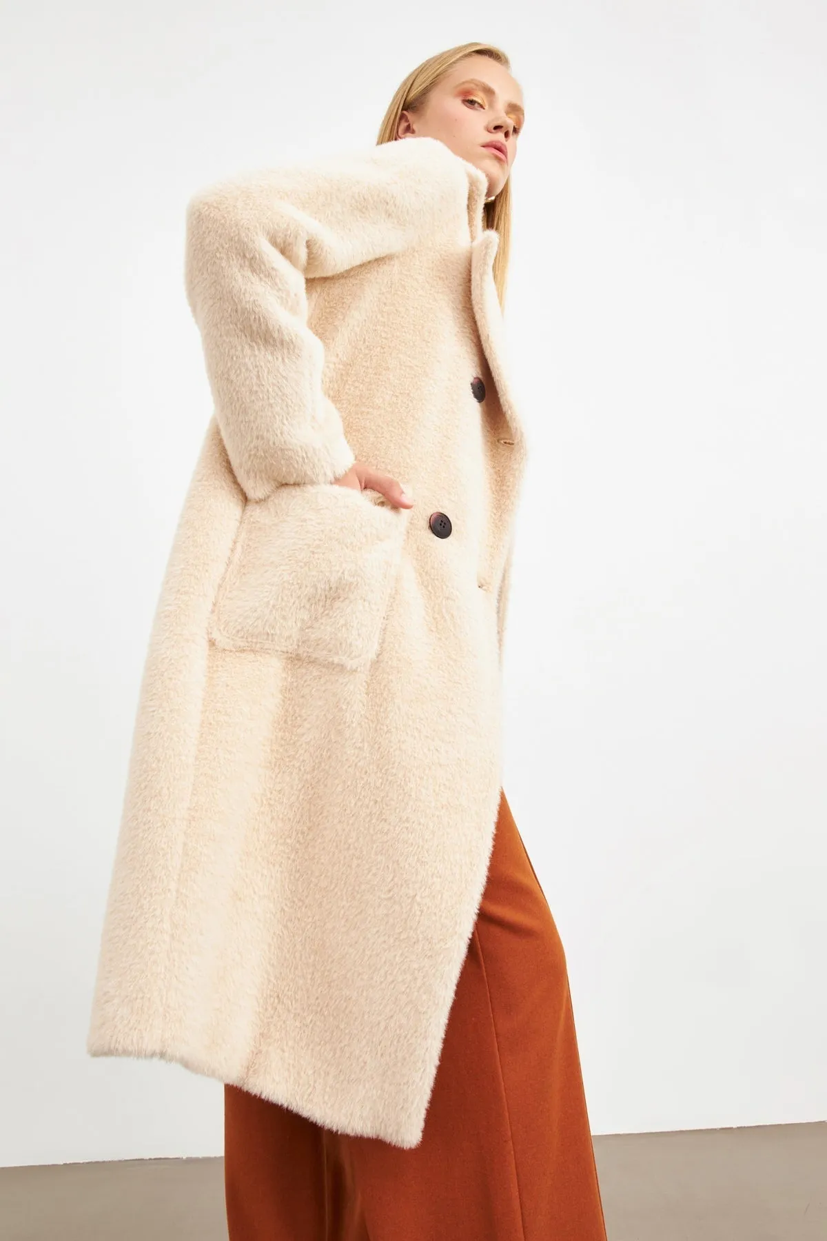 Setre Double-Breasted Fur Coat Beige