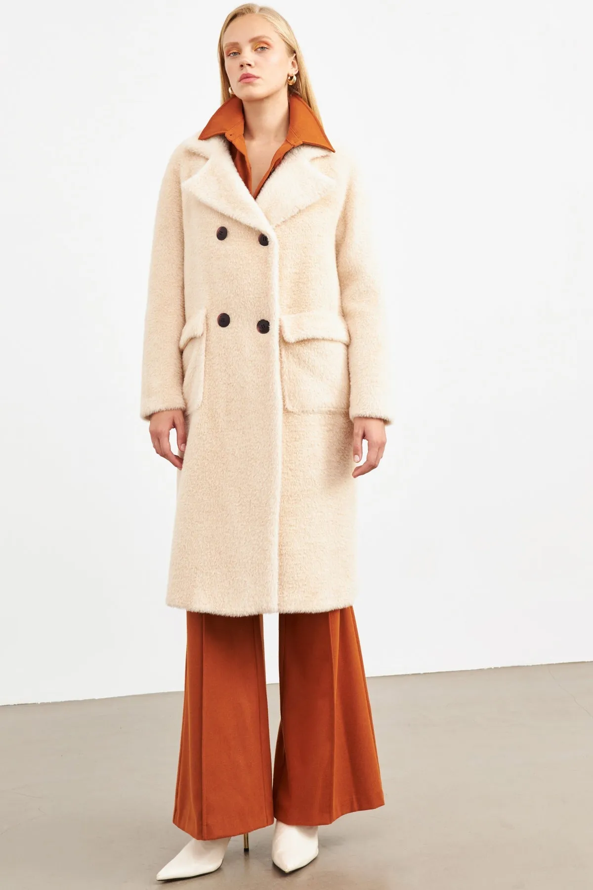 Setre Double-Breasted Fur Coat Beige