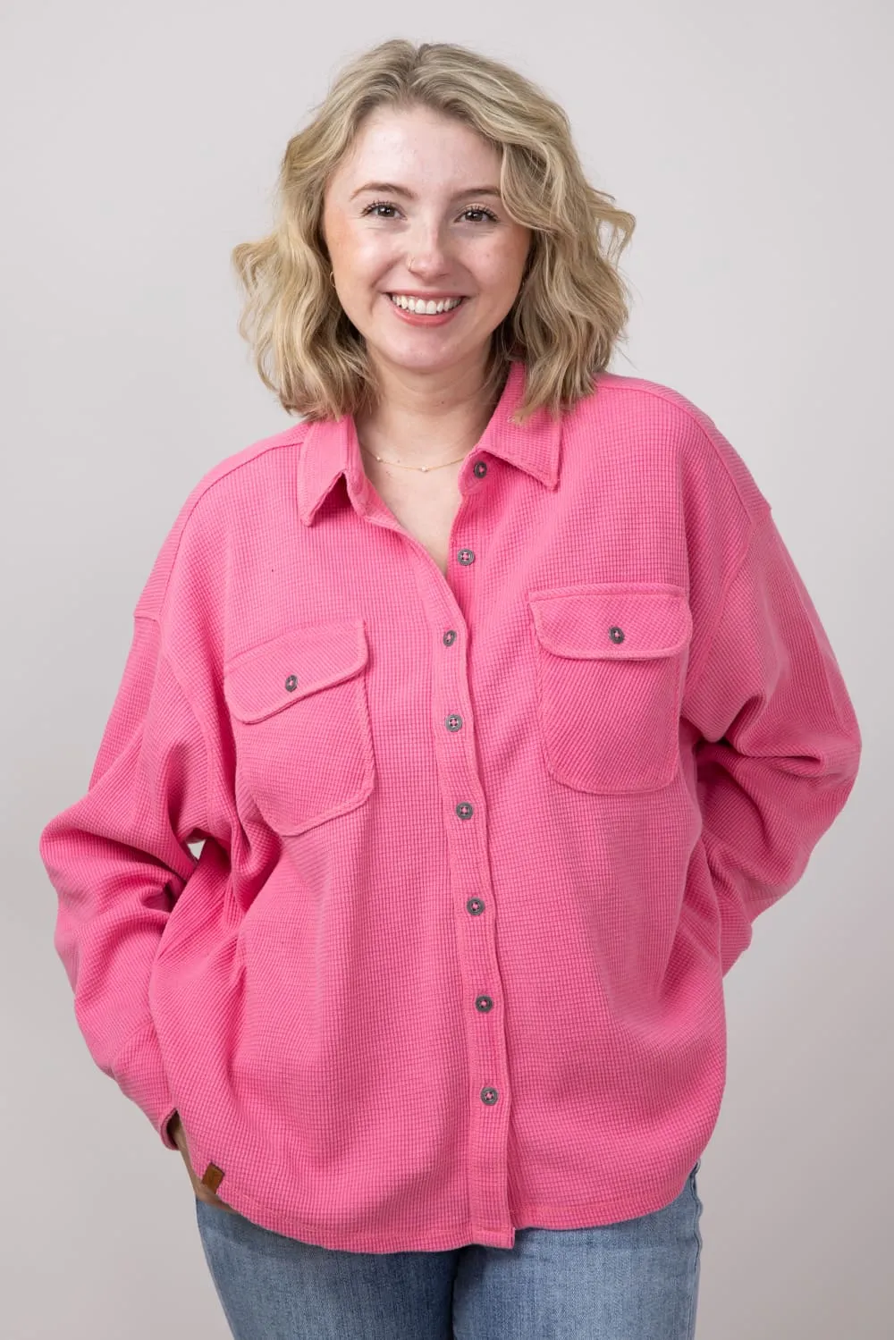 Simply Southern Waffle Knit Shacket for Women in Pink | PP-0224-SHKT-WAFFLE-PINK