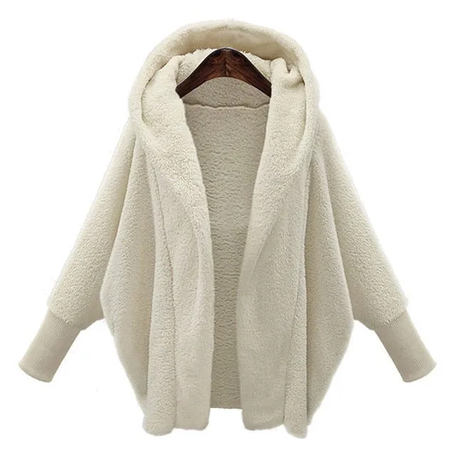 Soft Faux Fur Lantern Sleeve Hooded Plus Size Coats