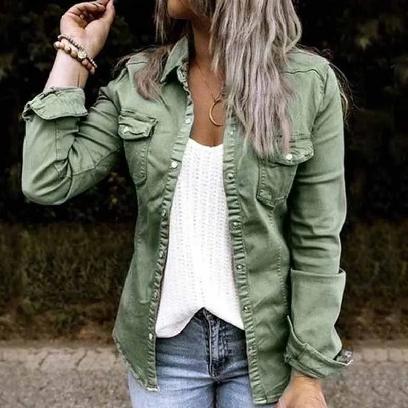 Solid Color Lapel Neck Pleated Denim Jacket