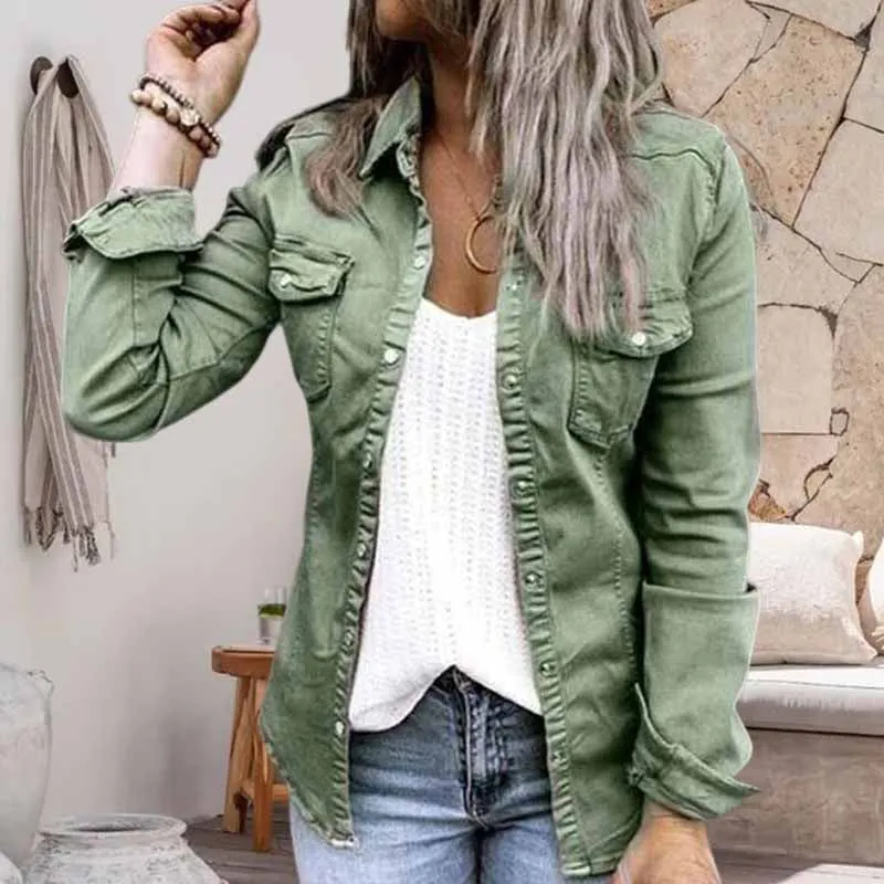 Solid Color Lapel Neck Pleated Denim Jacket