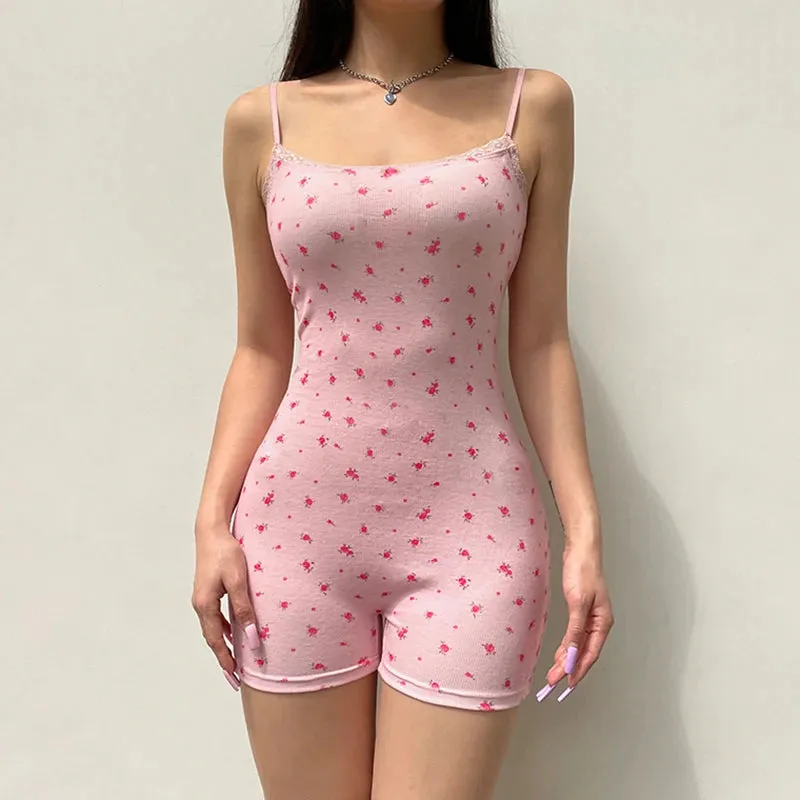 Sweet Pink Spaghetti Strap Skinny Playsuit Women Lace Trim Floral Printed Korean Summer Bodysuit One Piece Romper New