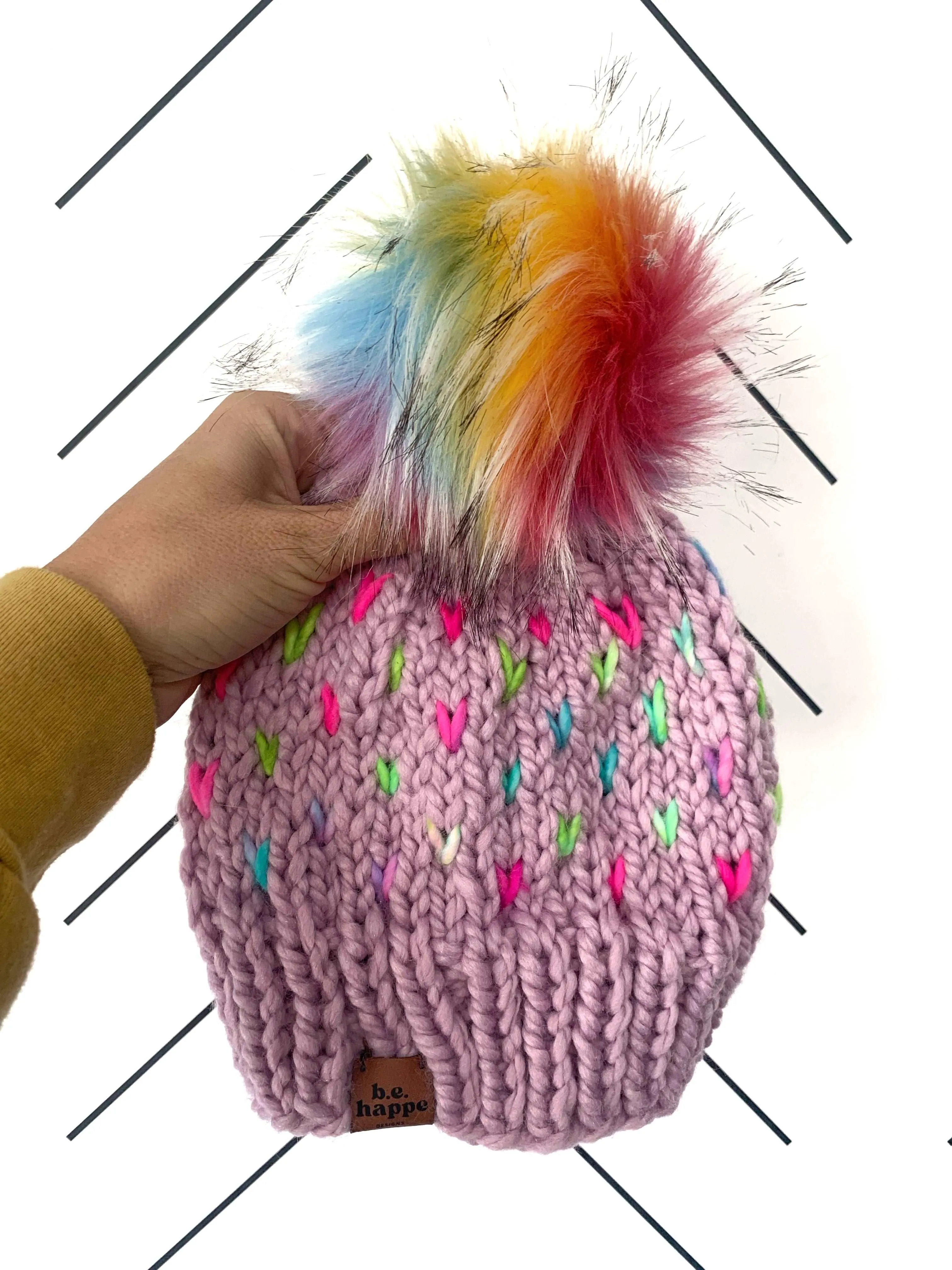 Toddler Knit Hearts Pom Hat | Purple Rainbow