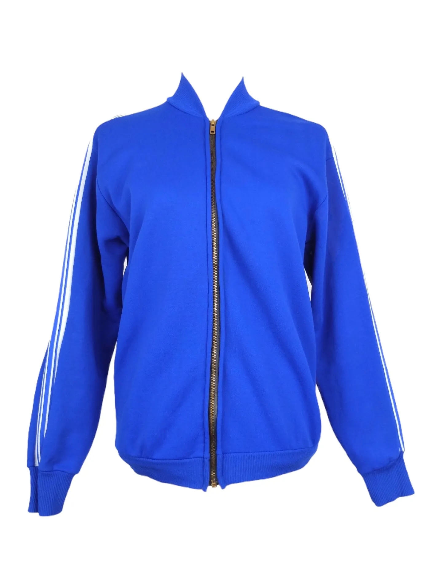 Vintage 70s Mod Athletic Bright Blue Zip Up Track Jacket with Fleece Lining | Size S-M