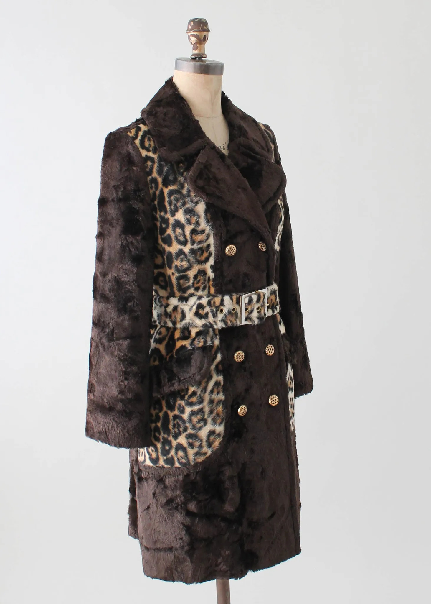 Vintage Leopard Print Faux Fur Belted Coat