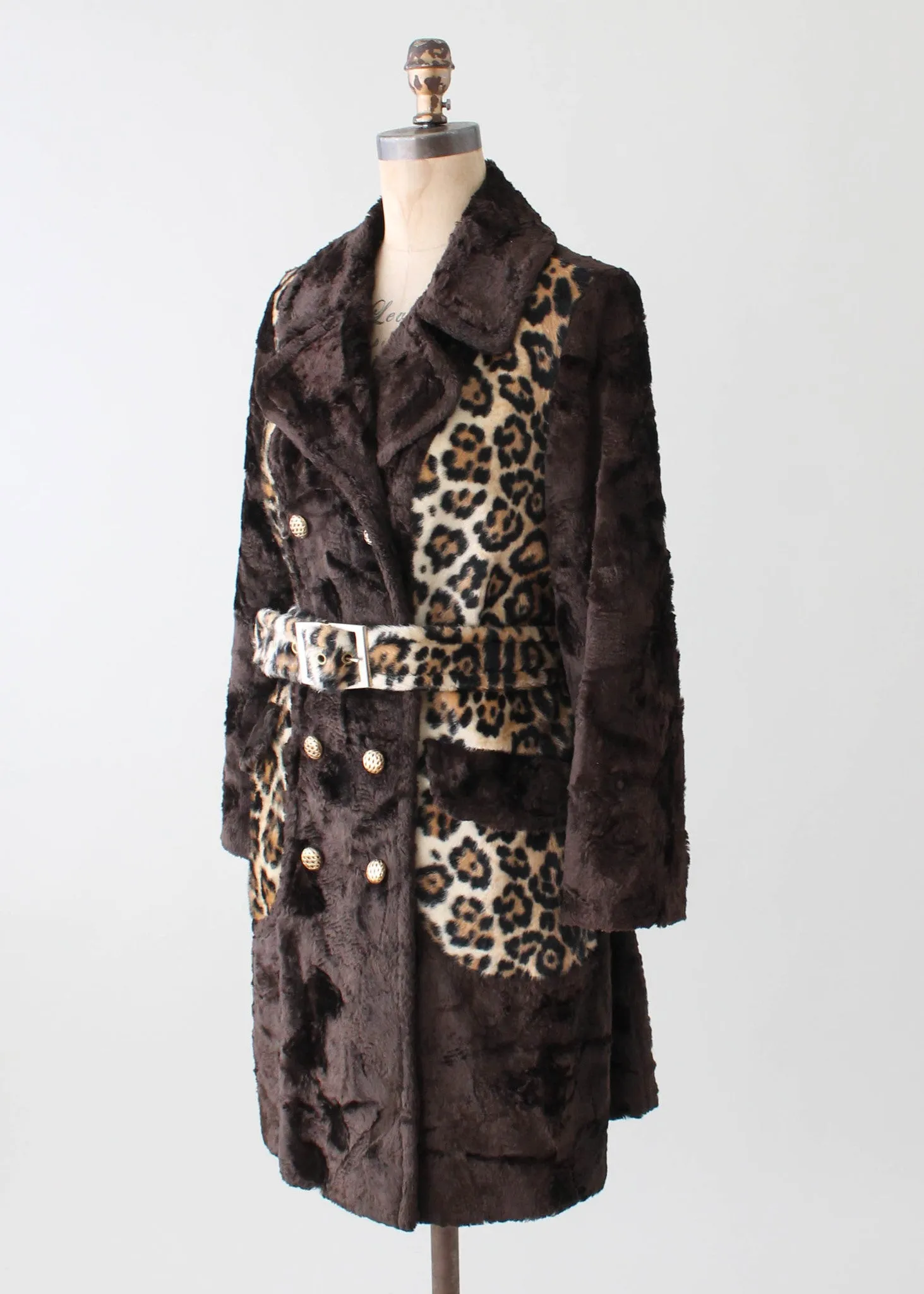 Vintage Leopard Print Faux Fur Belted Coat