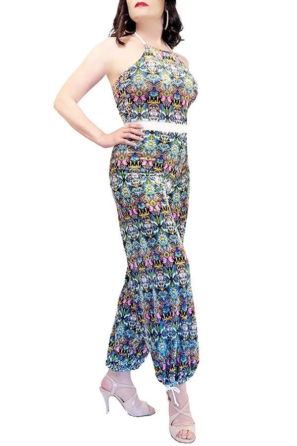 vintage print velvet wide-leg tango jumpsuit with adjustable ankle ties