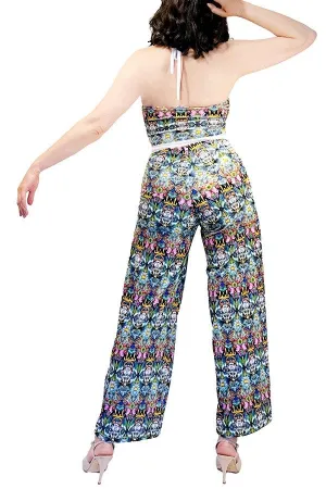 vintage print velvet wide-leg tango jumpsuit with adjustable ankle ties