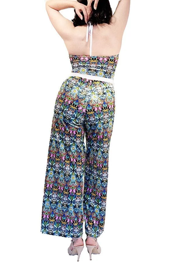 vintage print velvet wide-leg tango jumpsuit with adjustable ankle ties