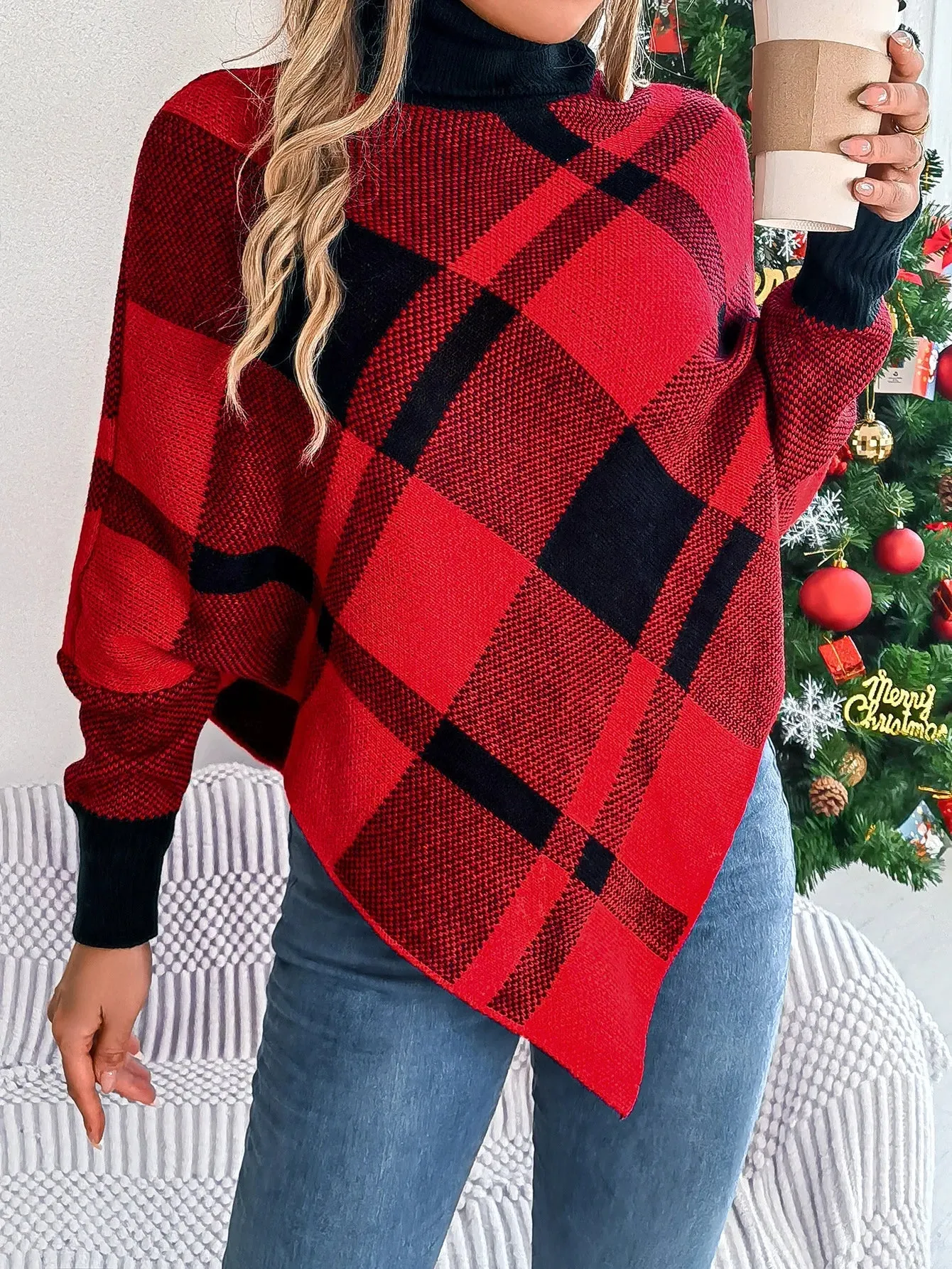 Wenkouban-Christmas Thanksgiving outfits_Fashionable Elegant Casual Color Contrasting High Collar Long Sleeve Christmas Sweater