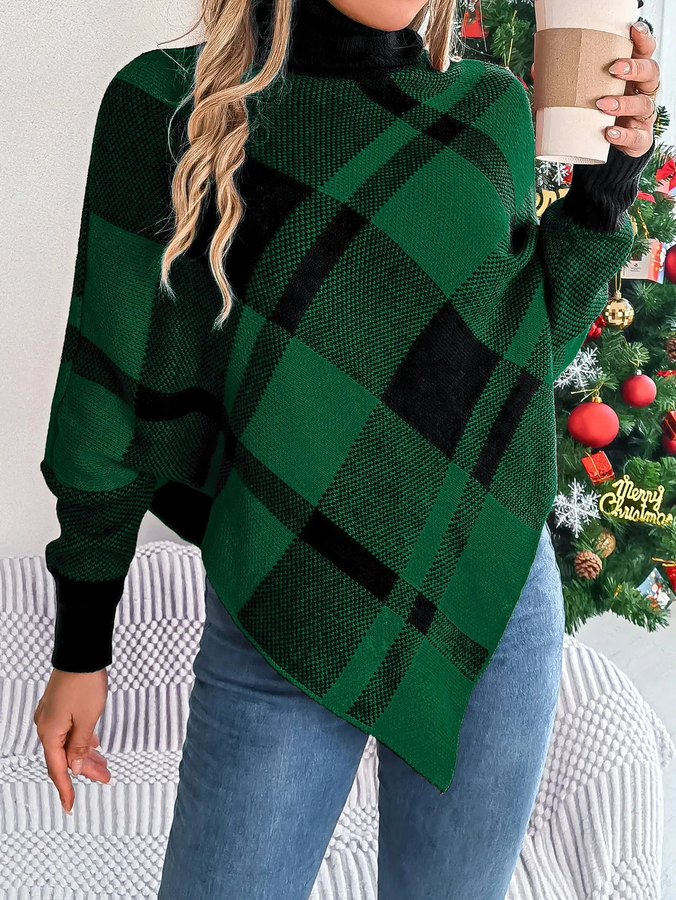 Wenkouban-Christmas Thanksgiving outfits_Fashionable Elegant Casual Color Contrasting High Collar Long Sleeve Christmas Sweater