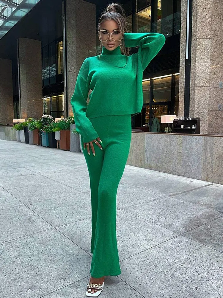 Wenkouban Women's Turtleneck Sweater Two Piece Set 2022 Autumn Sexy Long Sleeve Pullover Trouser Suits Female Solid Slim Lady Suit