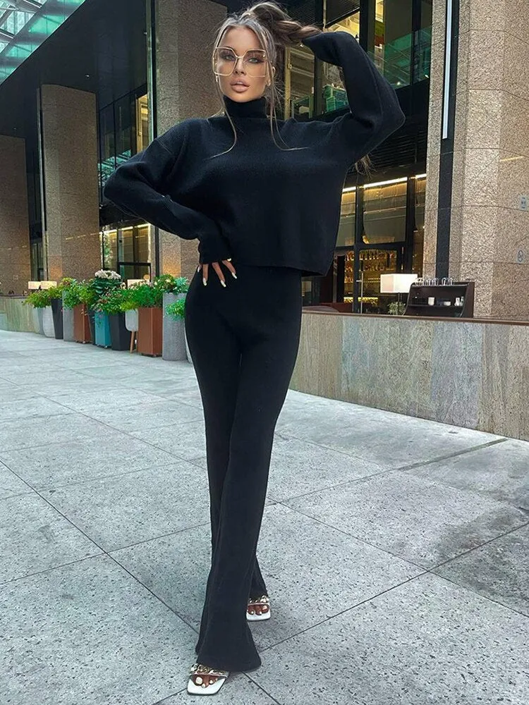 Wenkouban Women's Turtleneck Sweater Two Piece Set 2022 Autumn Sexy Long Sleeve Pullover Trouser Suits Female Solid Slim Lady Suit