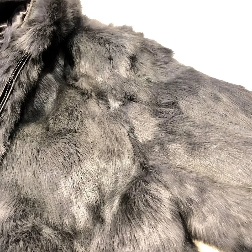 Winter Fur Gray Rabbit Bomber Fur Coat