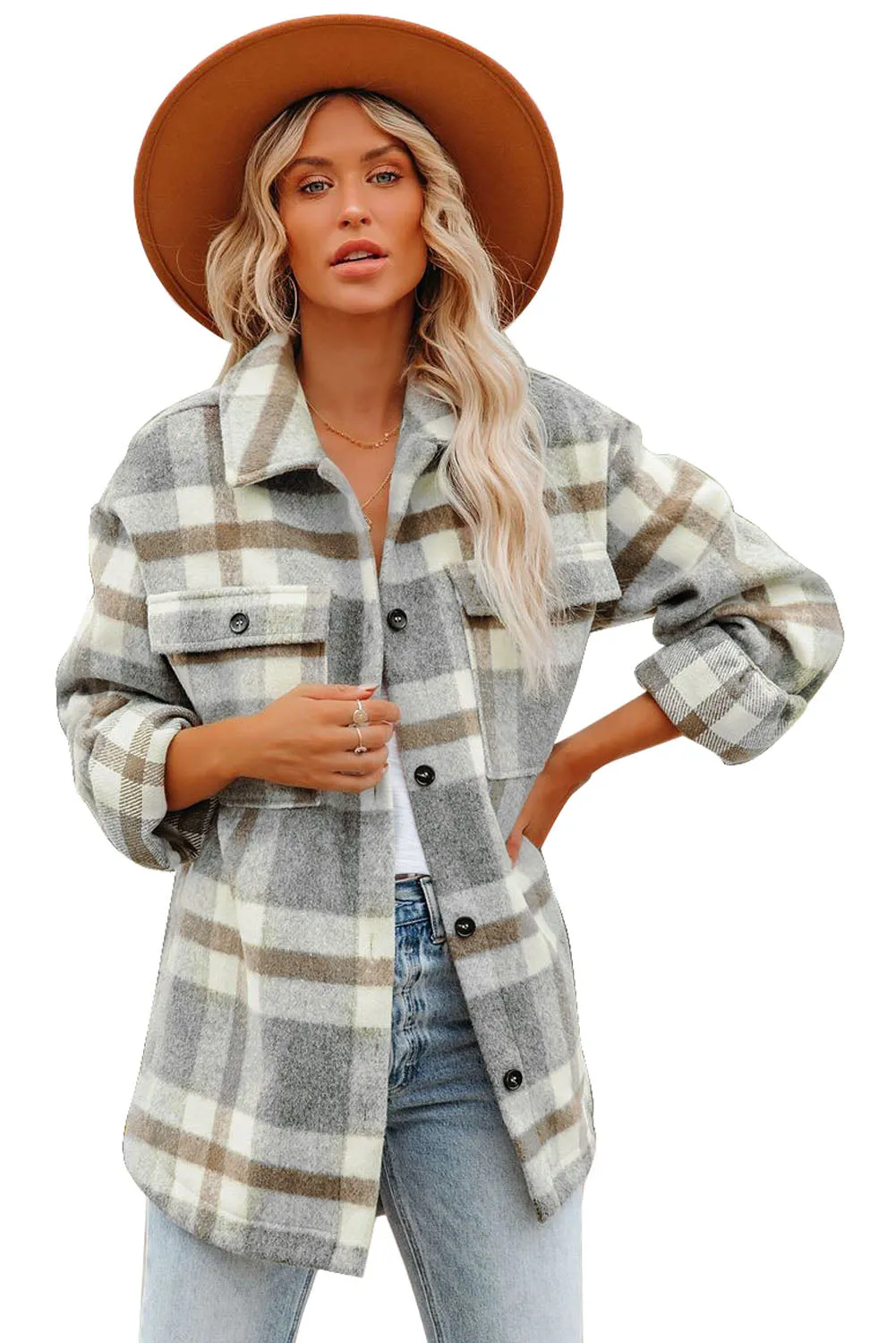 Women Long Sleeve Shirts Plaid Shackets Jacket with Pocket