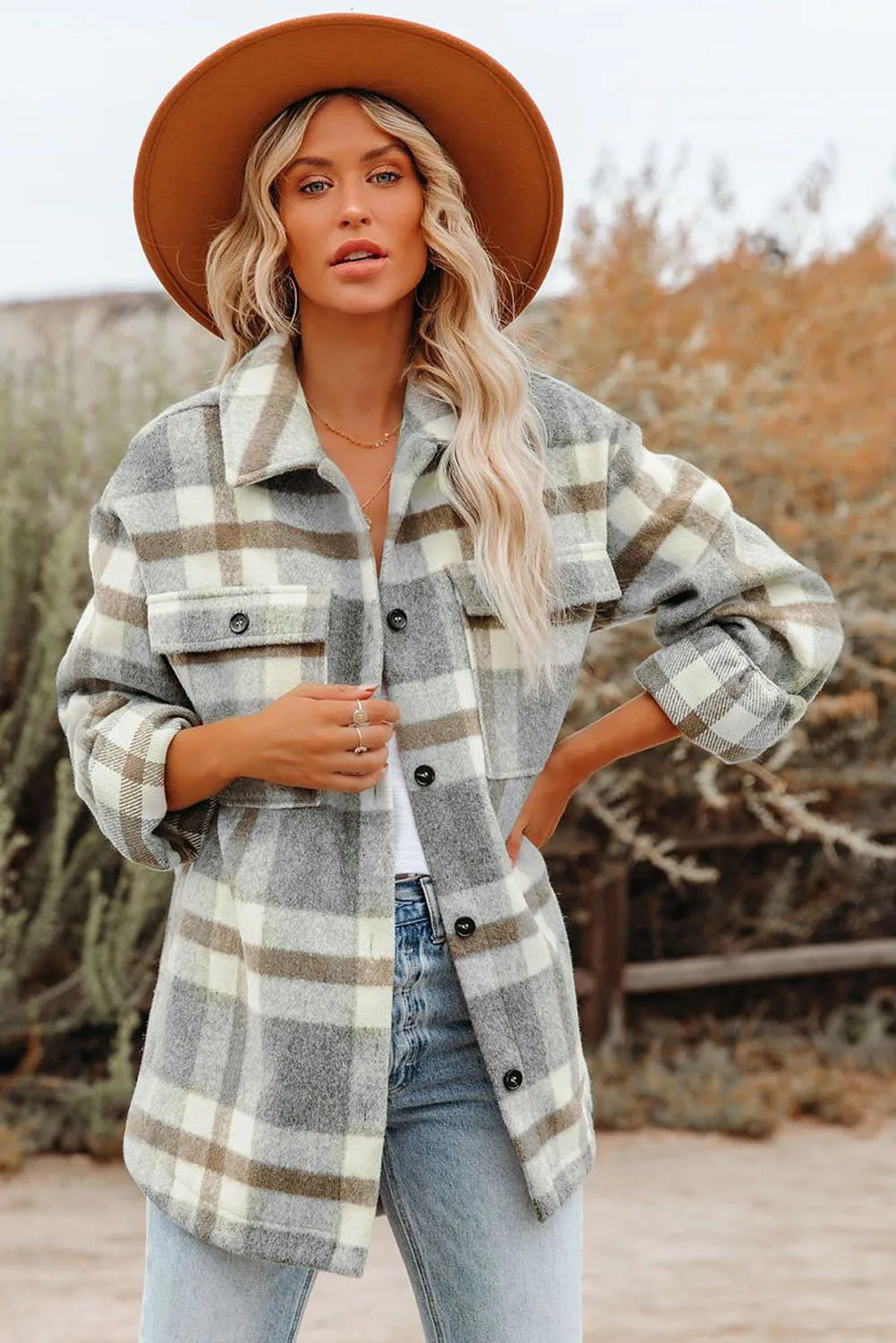 Women Long Sleeve Shirts Plaid Shackets Jacket with Pocket