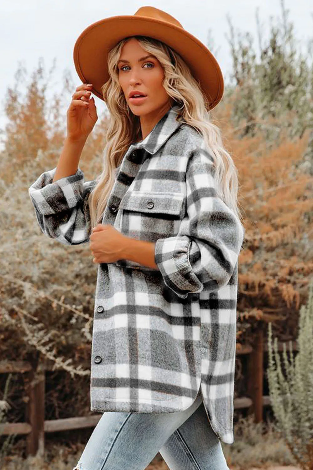 Women Long Sleeve Shirts Plaid Shackets Jacket with Pocket