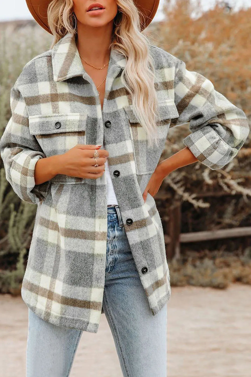 Women Long Sleeve Shirts Plaid Shackets Jacket with Pocket