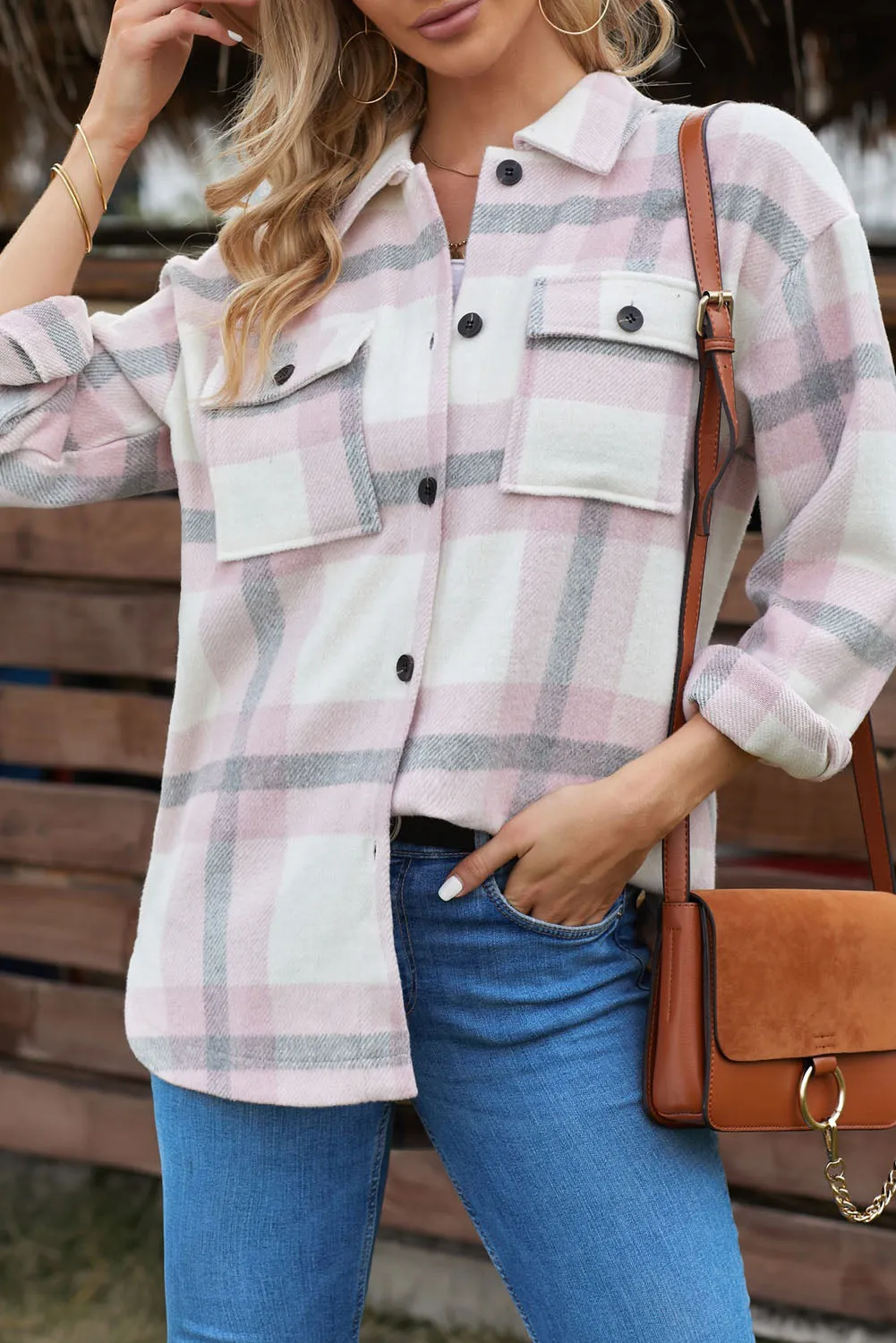 Women Long Sleeve Shirts Plaid Shackets Jacket with Pocket