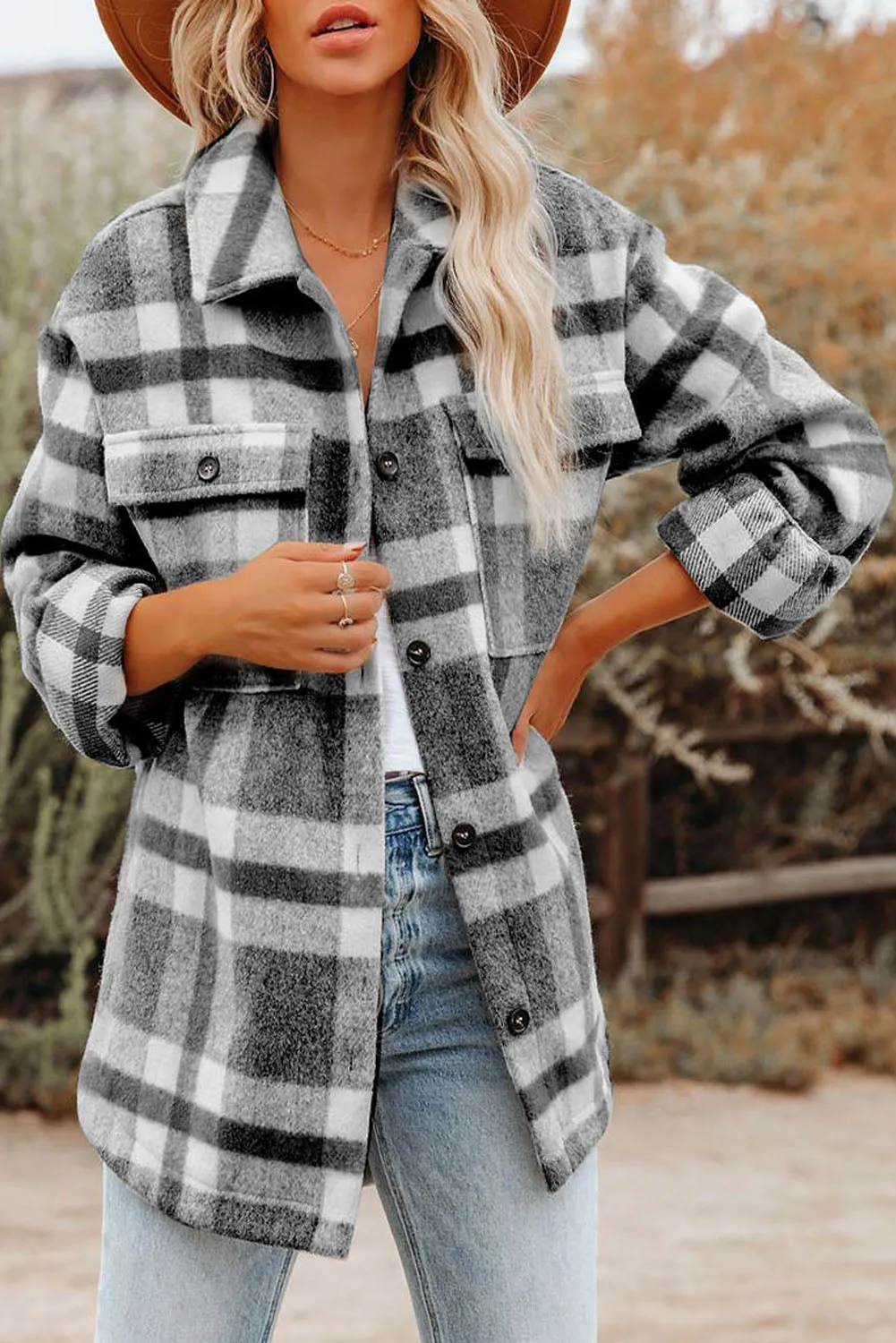 Women Long Sleeve Shirts Plaid Shackets Jacket with Pocket