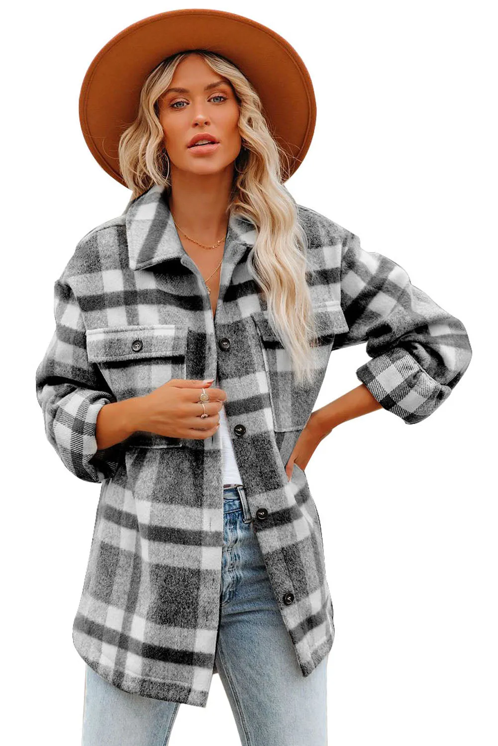 Women Long Sleeve Shirts Plaid Shackets Jacket with Pocket