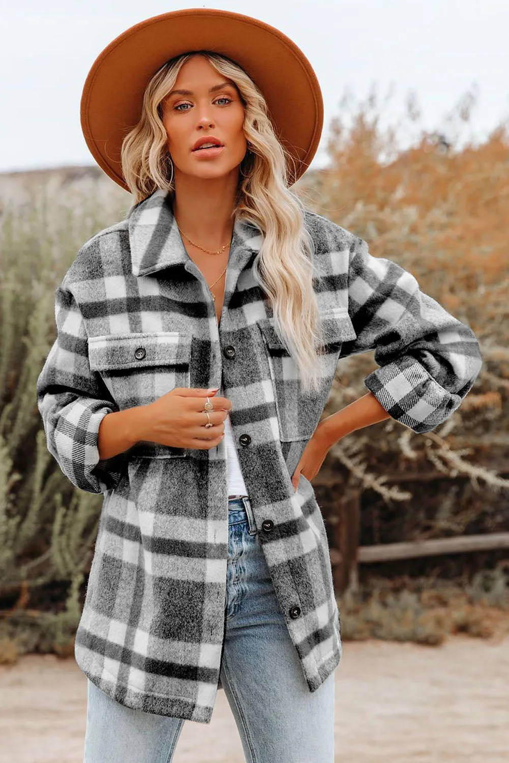 Women Long Sleeve Shirts Plaid Shackets Jacket with Pocket