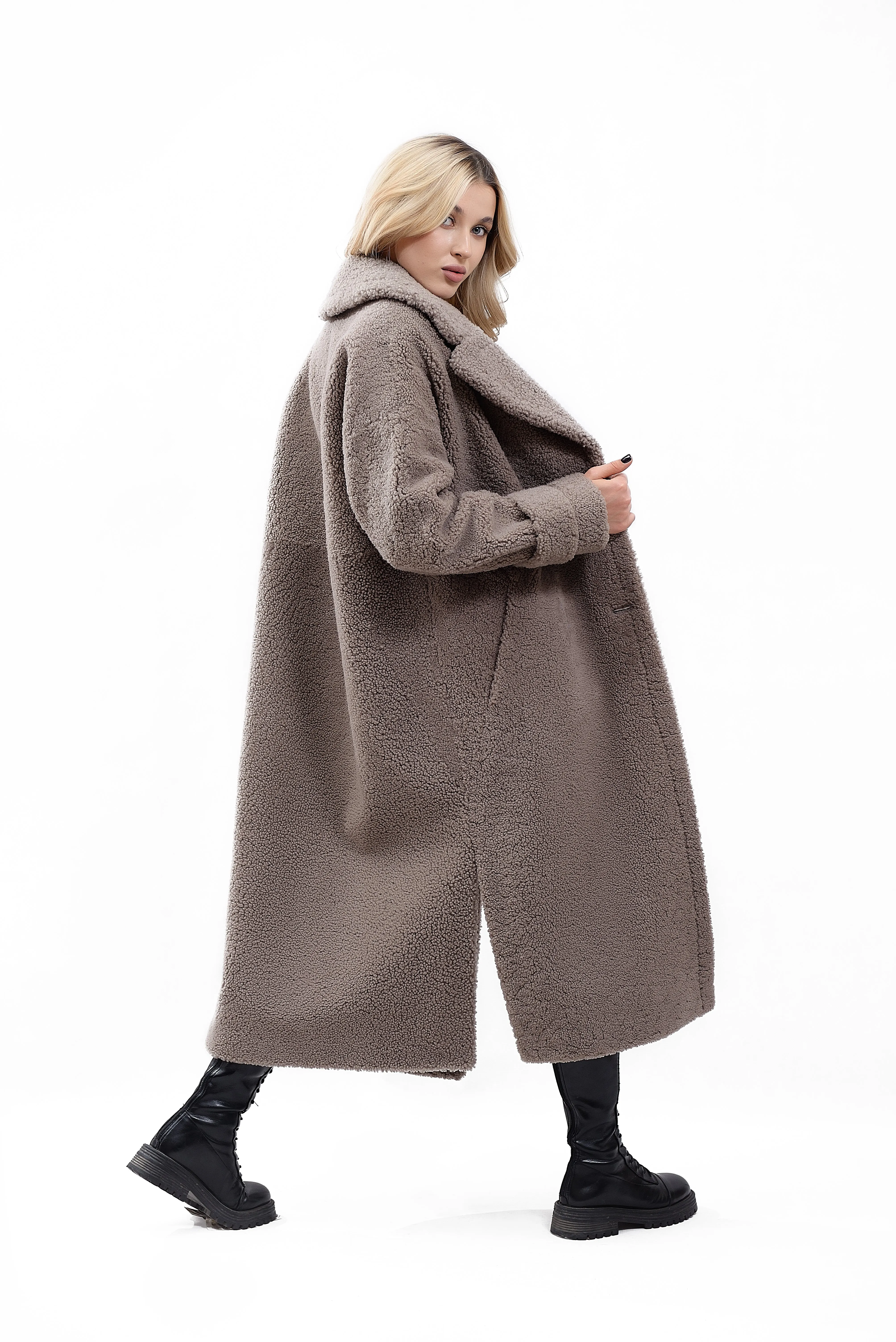 Women's Coat Made of Natural Bouclé Fur, Cocoa Color