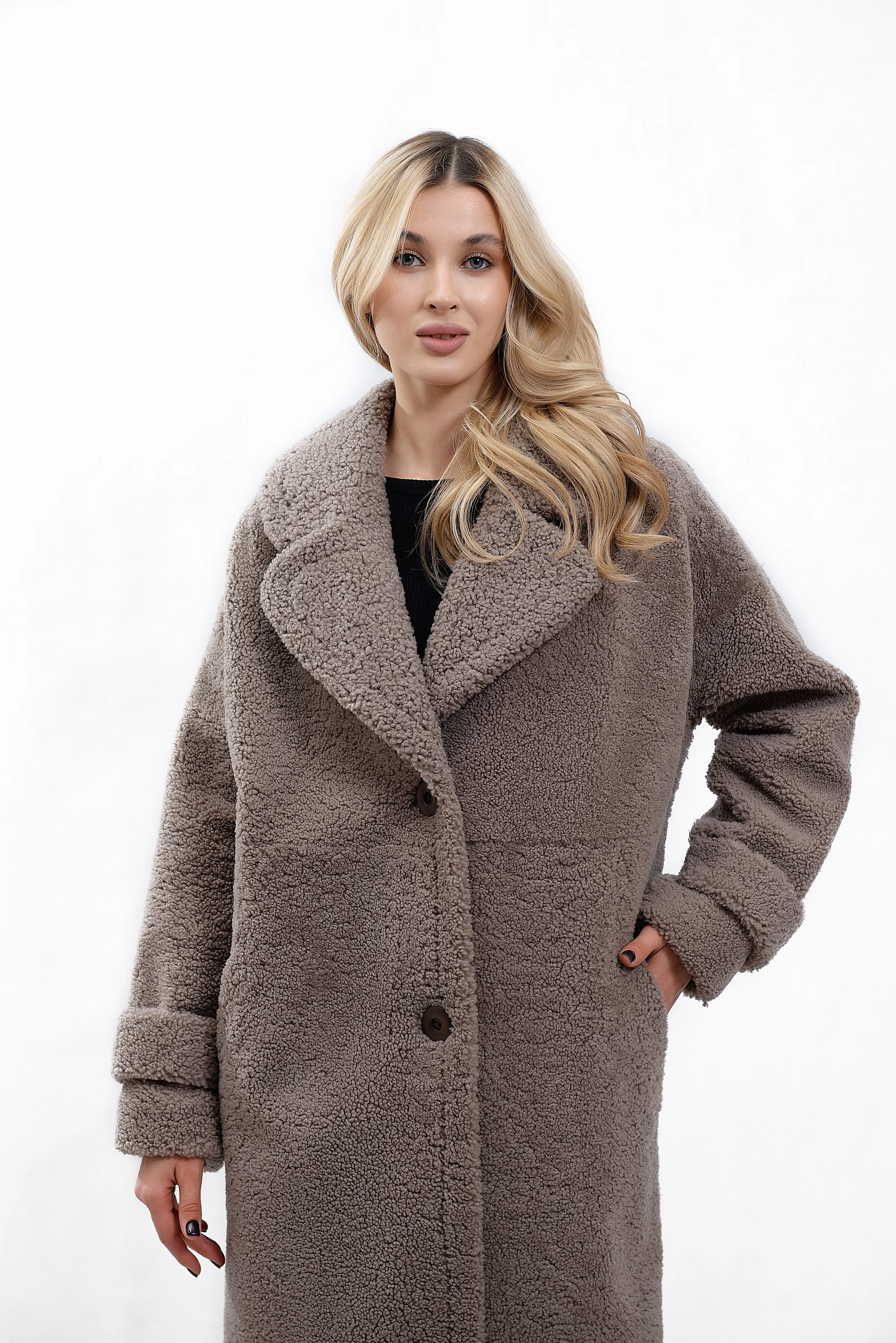 Women's Coat Made of Natural Bouclé Fur, Cocoa Color