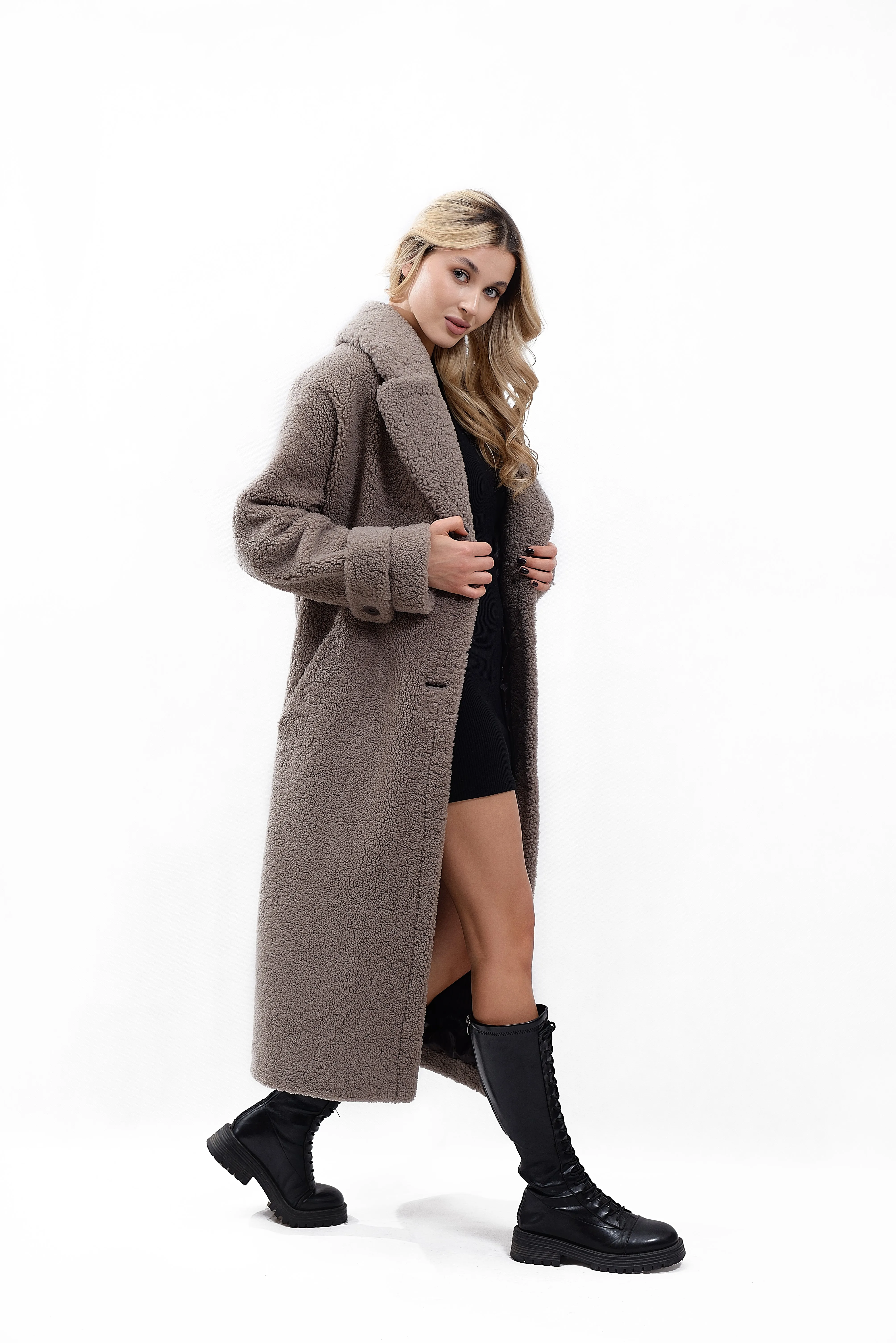 Women's Coat Made of Natural Bouclé Fur, Cocoa Color