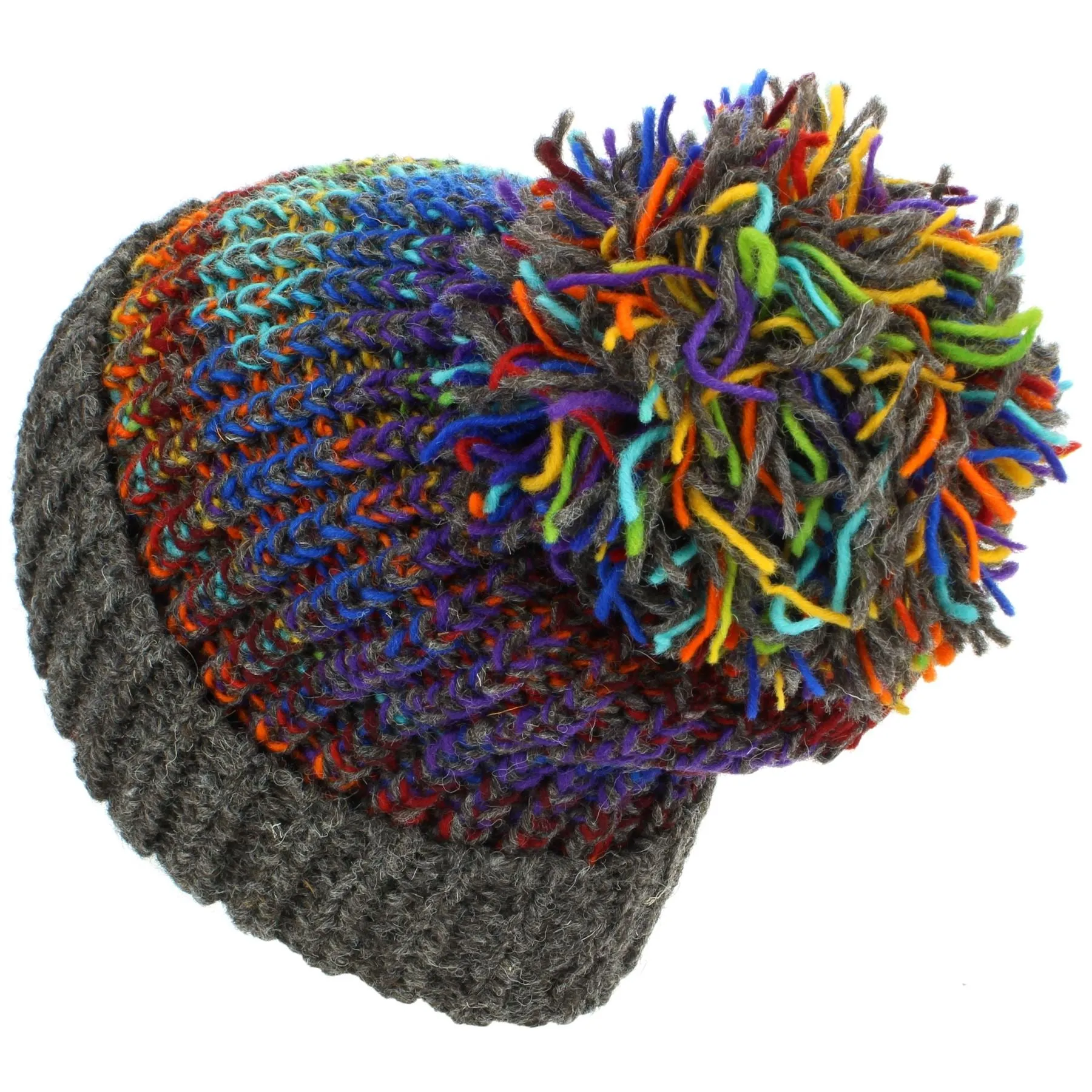 Wool Knit Beanie Bobble Hat - Blue Multi