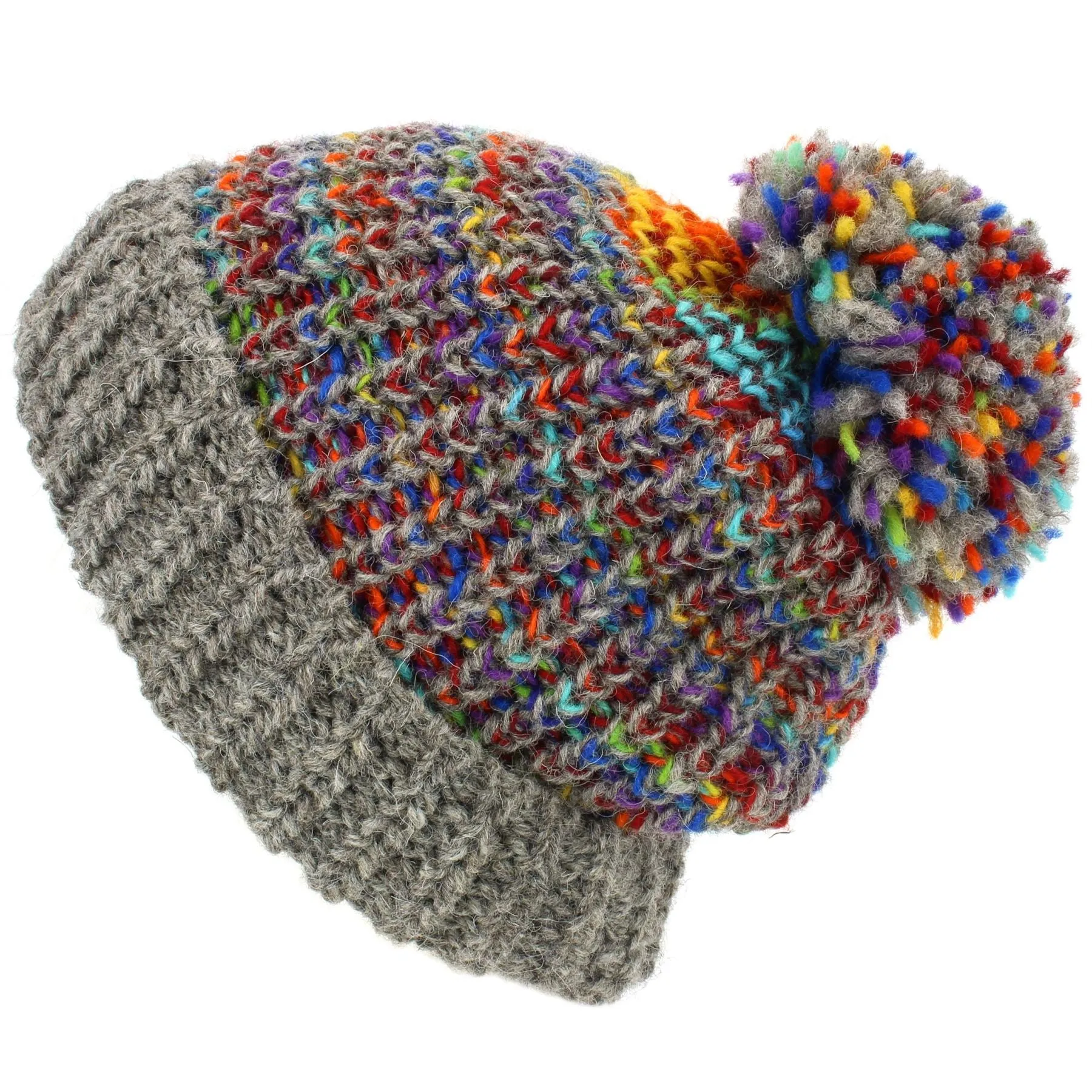 Wool Knit Beanie Bobble Hat - Grey Rainbow