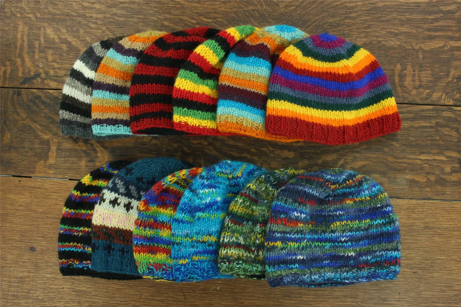 Wool Knit Beanie Hat - Stripe Retro A