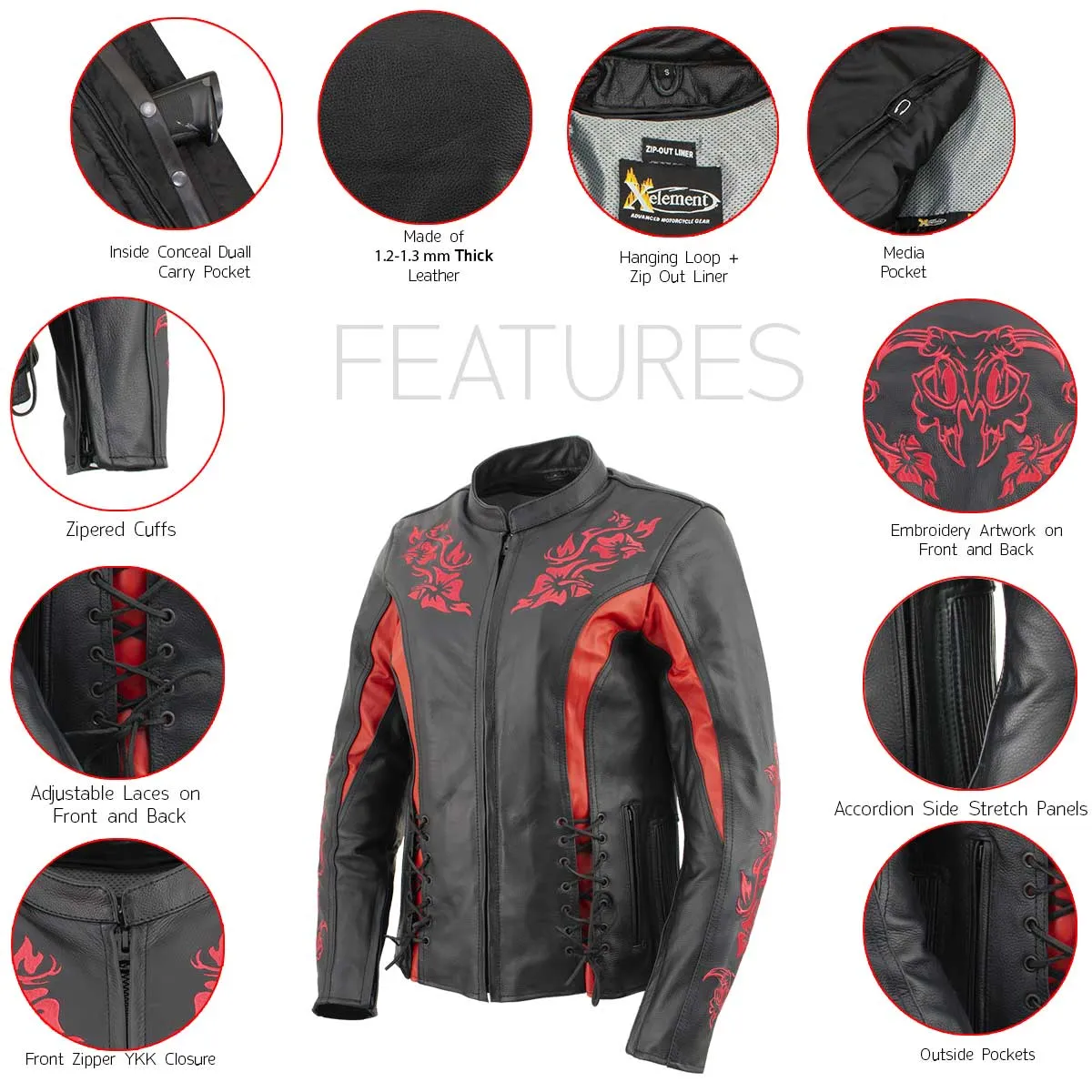 Xelement XS2029 Women's 'Gemma' Biker Black with Red Leather Embroidered Jacket with X-Armor