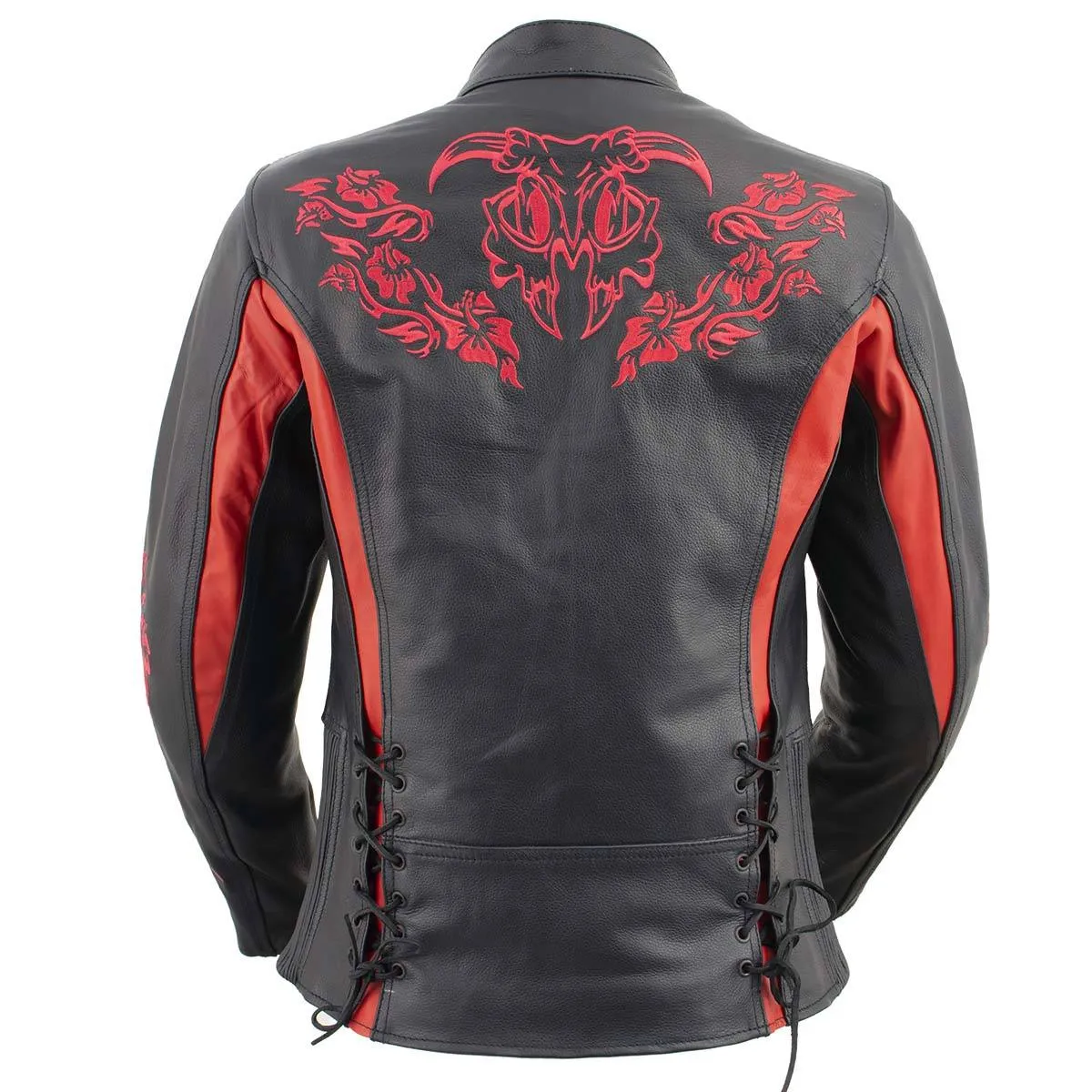 Xelement XS2029 Women's 'Gemma' Biker Black with Red Leather Embroidered Jacket with X-Armor