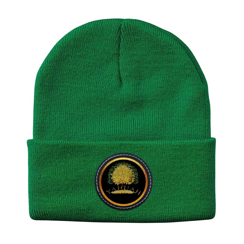 Yahuah-Tree of Life 03-01 Designer Sportsman Solid Knit Beanie with Round Leather Patch (8 colors)