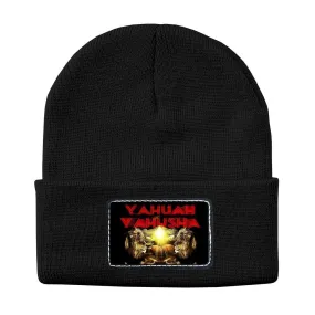 Yahuah Yahusha 02 Designer Sportsman Solid Knit Beanie with Rectangle Leather Patch (Black/White)