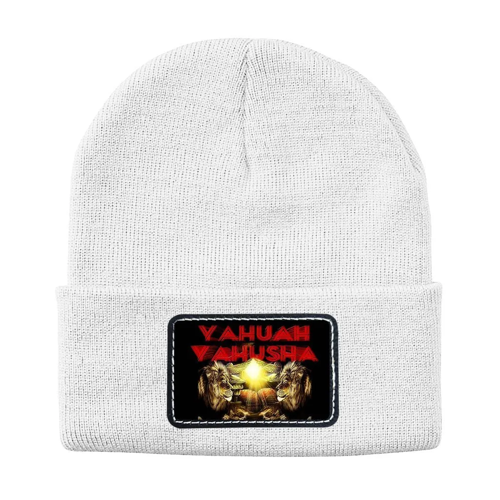 Yahuah Yahusha 02 Designer Sportsman Solid Knit Beanie with Rectangle Leather Patch (Black/White)