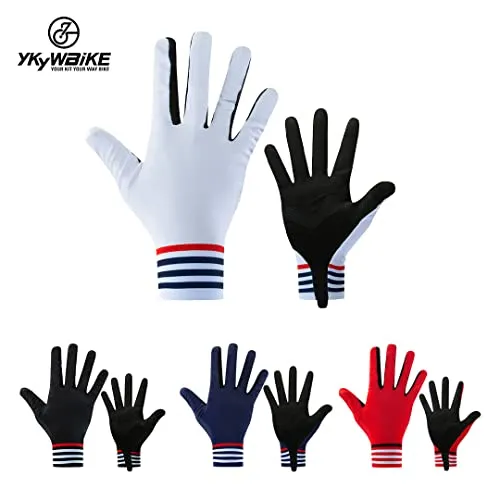 YKYW MTB Road Cycling Touch Screen Full Finger Gel Gloves Lycra Fabric Antiskid Rubber Wear-resistant Shockproof White