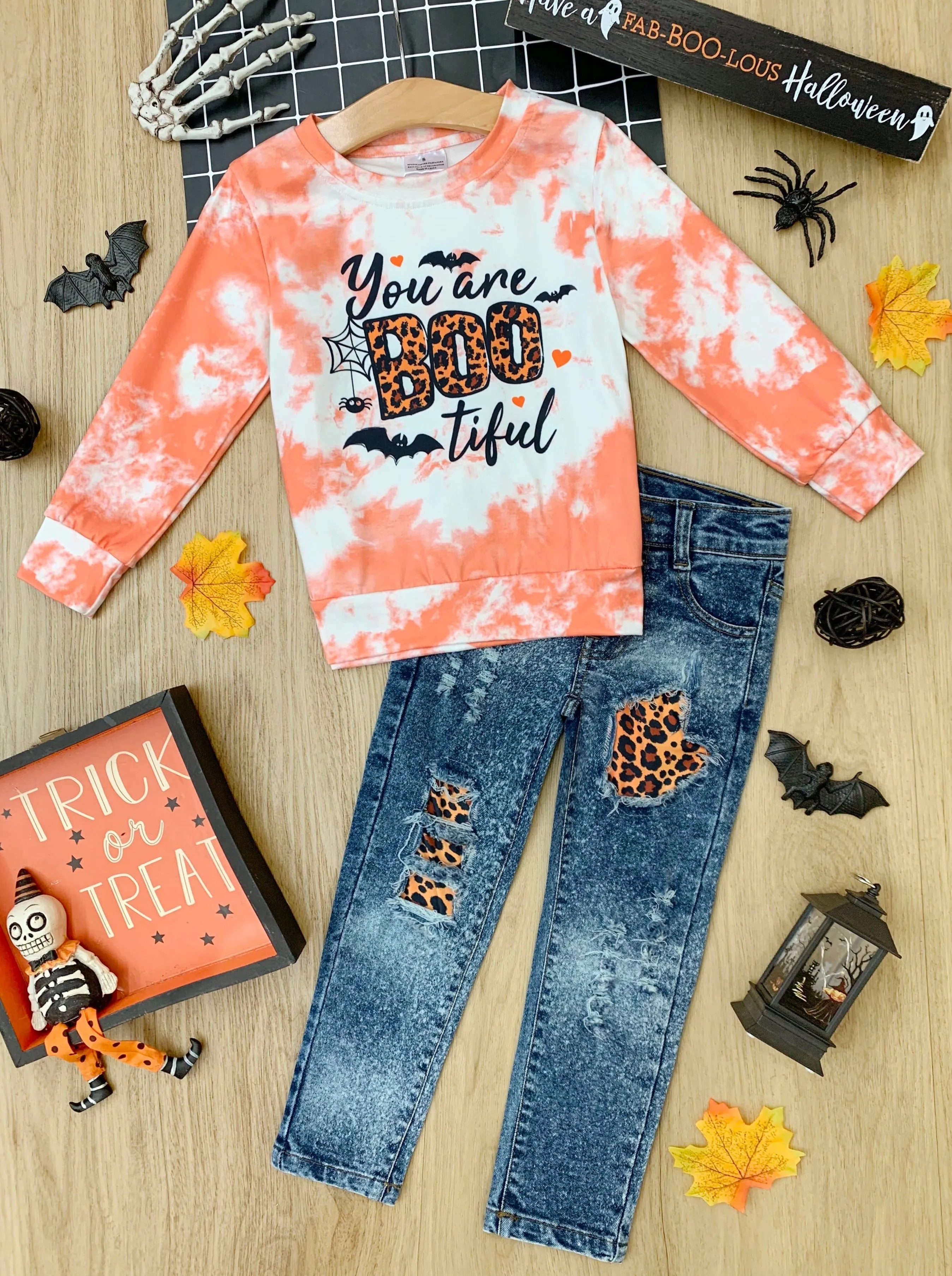 You Are BOOtiful Tie Dye Pullover and Patched Jeans Set